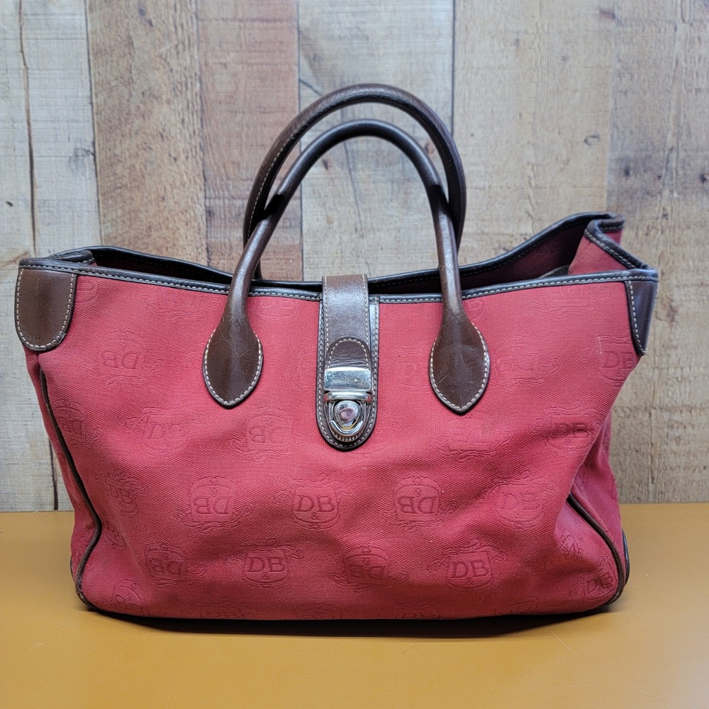 Dooney & Bourke Red Signature Logo Monogram Tote Bag Leather Trim